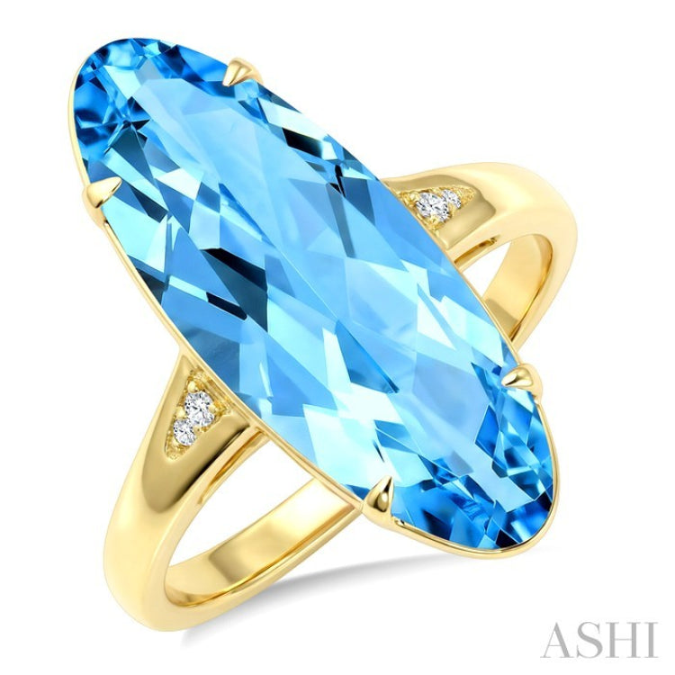 22X8 MM Oval Shape Blue Topaz and 1/50 Ctw Round Cut Diamond Semi-Precious Ring in 14K Yellow Gold