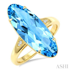 22X8 MM Oval Shape Blue Topaz and 1/50 Ctw Round Cut Diamond Semi-Precious Ring in 14K Yellow Gold