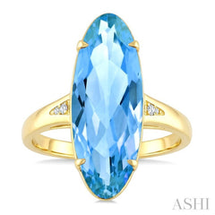 22X8 MM Oval Shape Blue Topaz and 1/50 Ctw Round Cut Diamond Semi-Precious Ring in 14K Yellow Gold