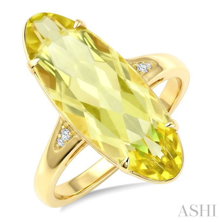 22X8 MM Oval Shape Lemon Quartz and 1/50 Ctw Round Cut Diamond Semi-Precious Ring in 14K Yellow Gold