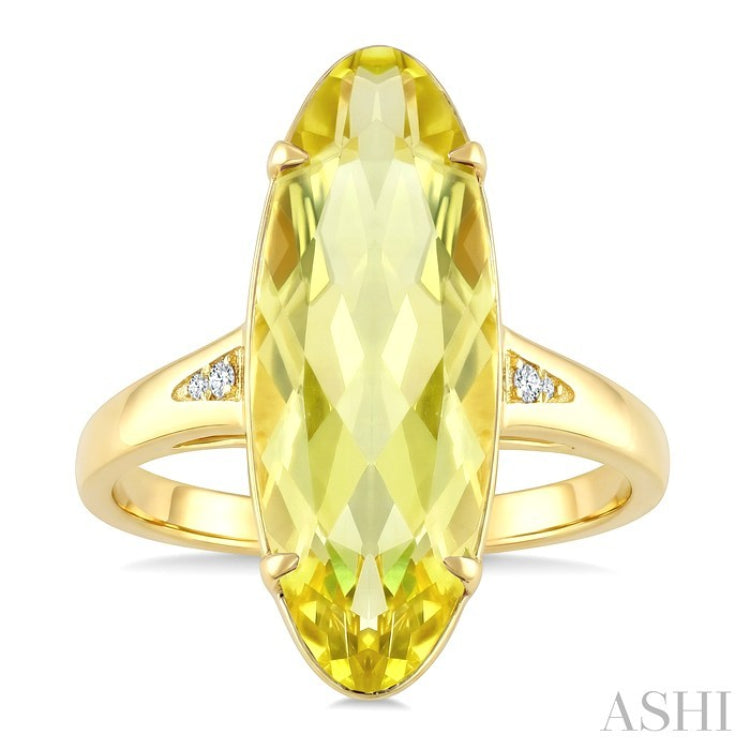 22X8 MM Oval Shape Lemon Quartz and 1/50 Ctw Round Cut Diamond Semi-Precious Ring in 14K Yellow Gold