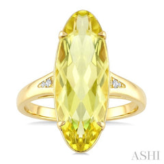 22X8 MM Oval Shape Lemon Quartz and 1/50 Ctw Round Cut Diamond Semi-Precious Ring in 14K Yellow Gold