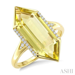 22X8 MM Hexagon Shape Lemon Quartz and 1/10 Ctw Round Cut Diamond Semi-Precious Ring in 14K Yellow Gold