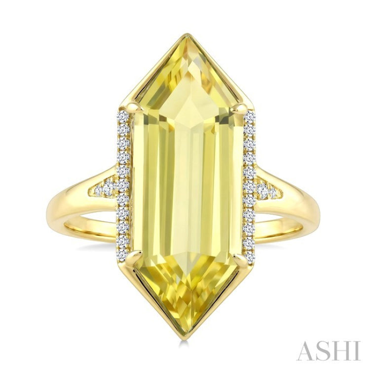 22X8 MM Hexagon Shape Lemon Quartz and 1/10 Ctw Round Cut Diamond Semi-Precious Ring in 14K Yellow Gold
