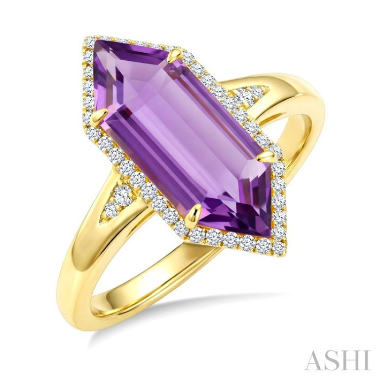16X6 MM Hexagon Shape Amethyst and 1/5 Ctw Round Cut Diamond Semi-Precious Ring in 10K Yellow Gold