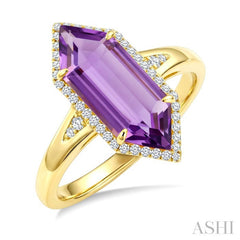 16X6 MM Hexagon Shape Amethyst and 1/5 Ctw Round Cut Diamond Semi-Precious Ring in 10K Yellow Gold