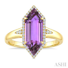 16X6 MM Hexagon Shape Amethyst and 1/5 Ctw Round Cut Diamond Semi-Precious Ring in 10K Yellow Gold