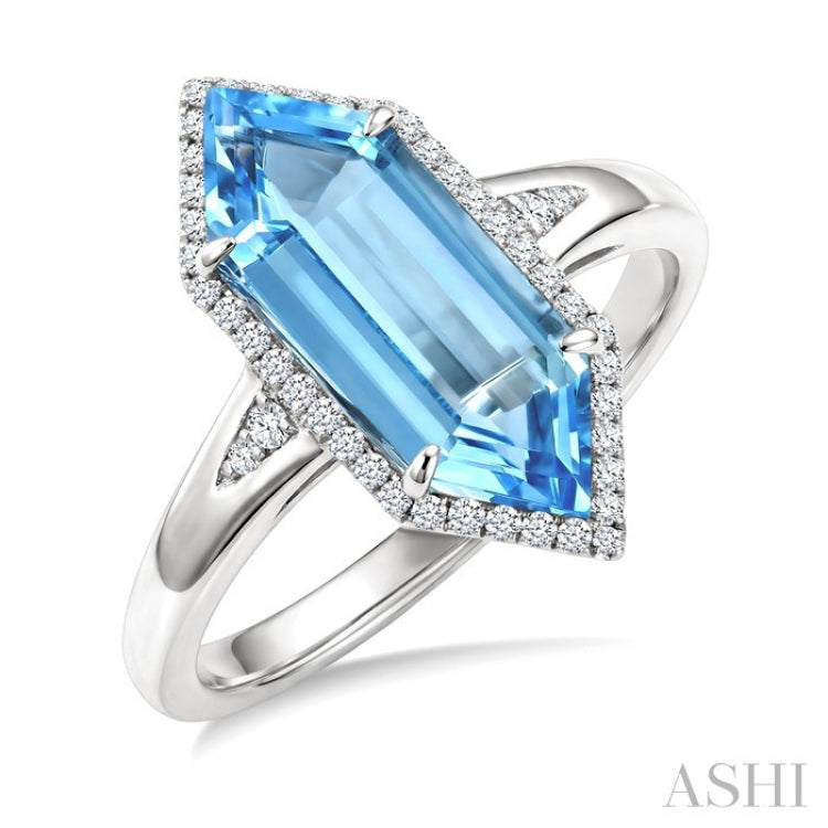 16X6 MM Hexagon Shape Blue Topaz and 1/5 Ctw Round Cut Diamond Semi-Precious Ring in 10K White Gold