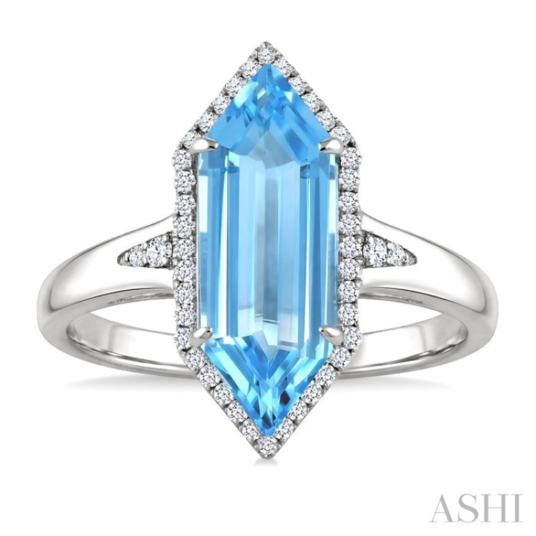 16X6 MM Hexagon Shape Blue Topaz and 1/5 Ctw Round Cut Diamond Semi-Precious Ring in 10K White Gold