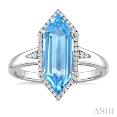 16X6 MM Hexagon Shape Blue Topaz and 1/5 Ctw Round Cut Diamond Semi-Precious Ring in 10K White Gold