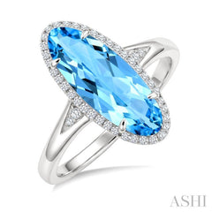 16X6 MM Oval Shape Blue Topaz and 1/6 Ctw Round Cut Diamond Semi-Precious Ring in 10K White Gold