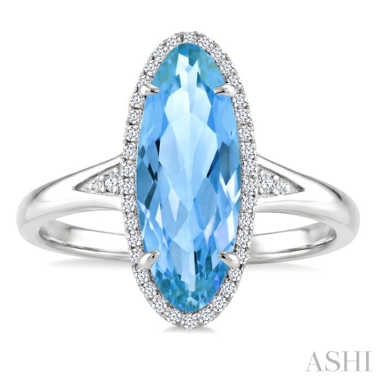 16X6 MM Oval Shape Blue Topaz and 1/6 Ctw Round Cut Diamond Semi-Precious Ring in 10K White Gold