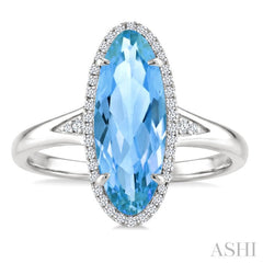 16X6 MM Oval Shape Blue Topaz and 1/6 Ctw Round Cut Diamond Semi-Precious Ring in 10K White Gold