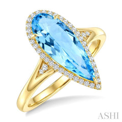 16X6 MM Pear Shape Blue Topaz and 1/6 Ctw Round Cut Diamond Semi-Precious Ring in 10K Yellow Gold