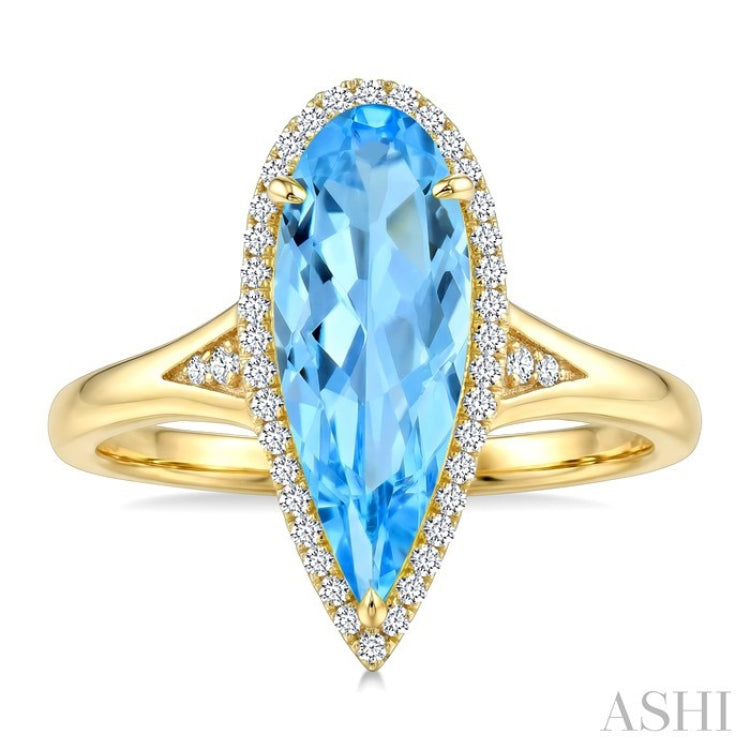 16X6 MM Pear Shape Blue Topaz and 1/6 Ctw Round Cut Diamond Semi-Precious Ring in 10K Yellow Gold