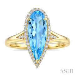 16X6 MM Pear Shape Blue Topaz and 1/6 Ctw Round Cut Diamond Semi-Precious Ring in 10K Yellow Gold