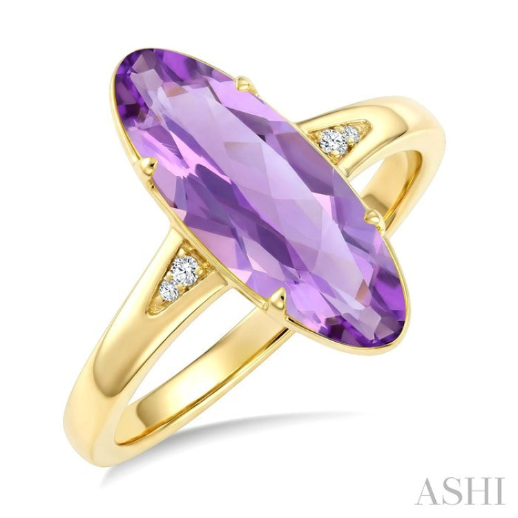16X6 MM Oval Shape Amethyst and 1/50 Ctw Round Cut Diamond Semi-Precious Ring in 10K Yellow Gold