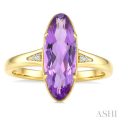 16X6 MM Oval Shape Amethyst and 1/50 Ctw Round Cut Diamond Semi-Precious Ring in 10K Yellow Gold