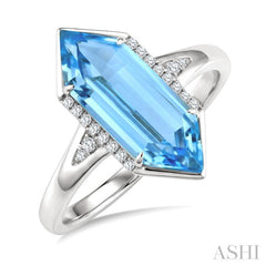 16X6 MM Hexagon Shape Blue Topaz and 1/10 Ctw Round Cut Diamond Semi-Precious Ring in 10K White Gold