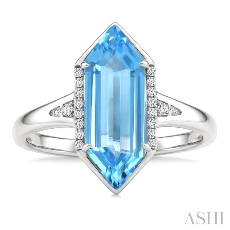 16X6 MM Hexagon Shape Blue Topaz and 1/10 Ctw Round Cut Diamond Semi-Precious Ring in 10K White Gold