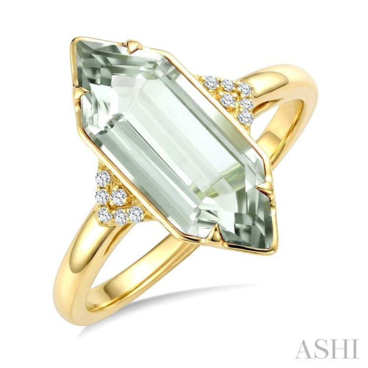 16X6 MM Hexagon Shape Green Amethyst and 1/20 Ctw Round Cut Diamond Semi-Precious Ring in 10K Yellow Gold