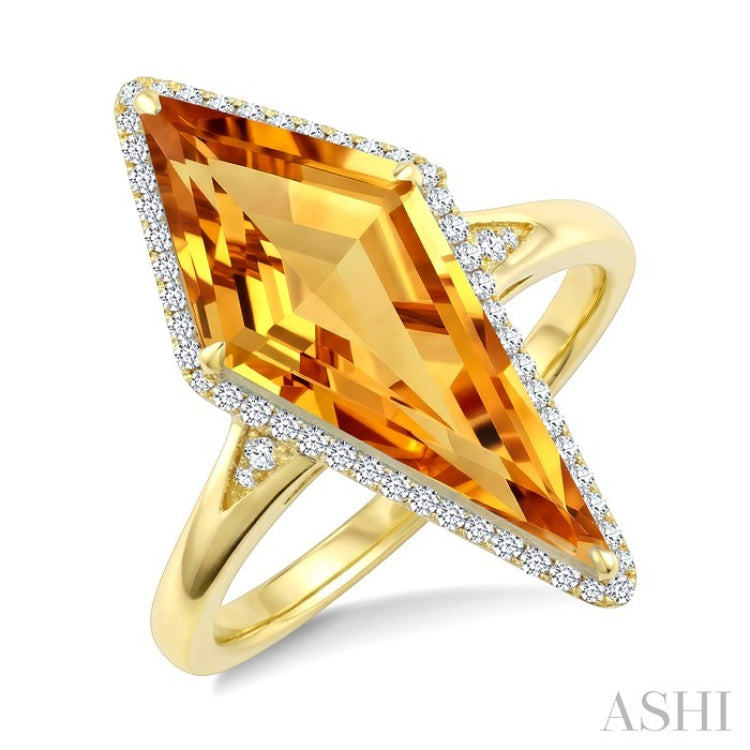 22X9 MM Kite Shape Citrine and 1/5 Ctw Round Cut Diamond Semi-Precious Ring in 14K Yellow Gold