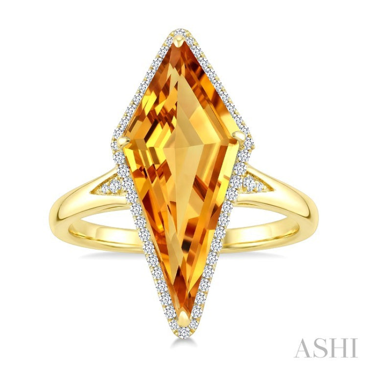 22X9 MM Kite Shape Citrine and 1/5 Ctw Round Cut Diamond Semi-Precious Ring in 14K Yellow Gold
