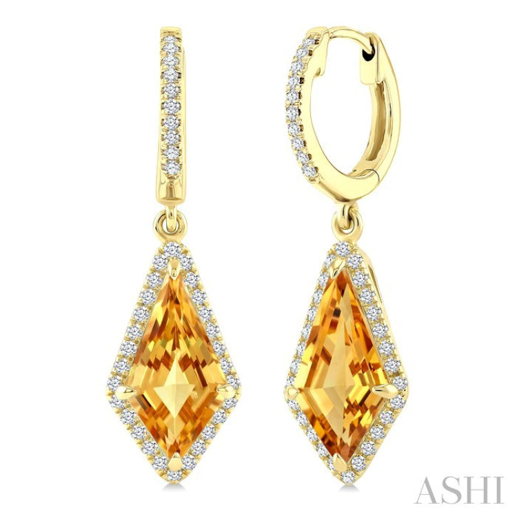 12X5 MM Kite Shape Citrine and 1/3 Ctw Round Cut Diamond Semi-Precious Earrings in 10K Yellow Gold