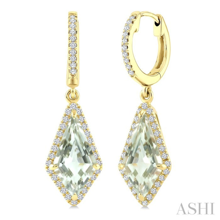 12X5 MM Kite Shape Green Amethyst and 1/3 Ctw Round Cut Diamond Semi-Precious Earrings in 10K Yellow Gold