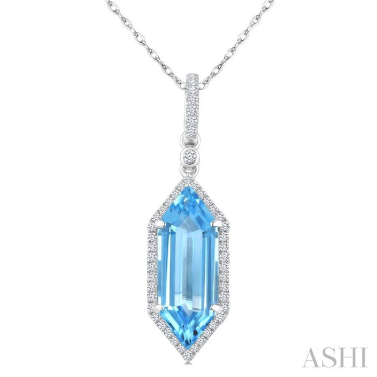 16X6 MM Hexagon Shape Blue Topaz and 1/5 Ctw Round Cut Diamond Semi-Precious Pendant With Chain in 10K White Gold
