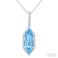 16X6 MM Hexagon Shape Blue Topaz and 1/5 Ctw Round Cut Diamond Semi-Precious Pendant With Chain in 10K White Gold
