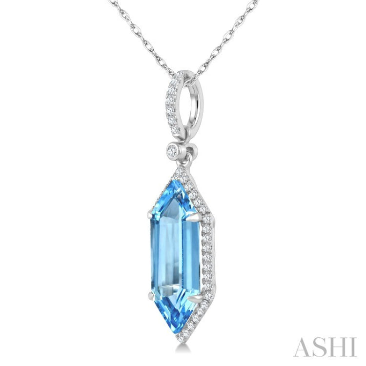 16X6 MM Hexagon Shape Blue Topaz and 1/5 Ctw Round Cut Diamond Semi-Precious Pendant With Chain in 10K White Gold