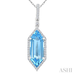 16X6 MM Hexagon Shape Blue Topaz and 1/5 Ctw Round Cut Diamond Semi-Precious Pendant With Chain in 10K White Gold