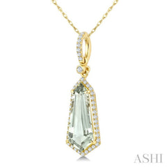 16X7 MM Shield Shape Green Amethyst and 1/5 Ctw Round Cut Diamond Semi-Precious Pendant With Chain in 10K Yellow Gold