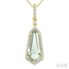 16X7 MM Shield Shape Green Amethyst and 1/5 Ctw Round Cut Diamond Semi-Precious Pendant With Chain in 10K Yellow Gold