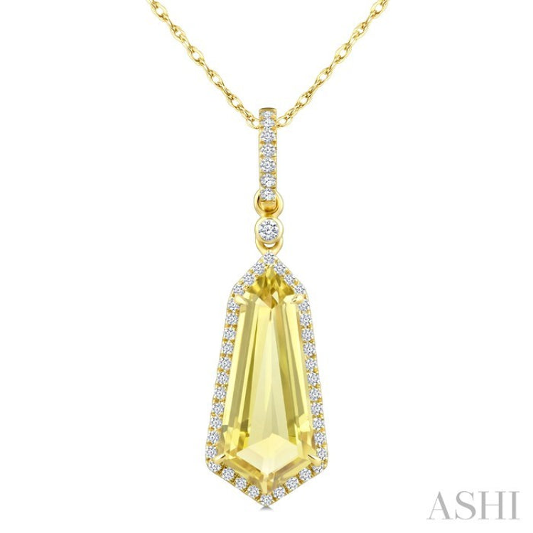 16X7 MM Shield Shape Lemon Quartz and 1/5 Ctw Round Cut Diamond Semi-Precious Pendant With Chain in 10K Yellow Gold