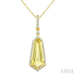 16X7 MM Shield Shape Lemon Quartz and 1/5 Ctw Round Cut Diamond Semi-Precious Pendant With Chain in 10K Yellow Gold