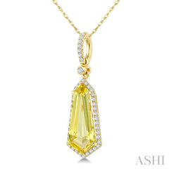 16X7 MM Shield Shape Lemon Quartz and 1/5 Ctw Round Cut Diamond Semi-Precious Pendant With Chain in 10K Yellow Gold