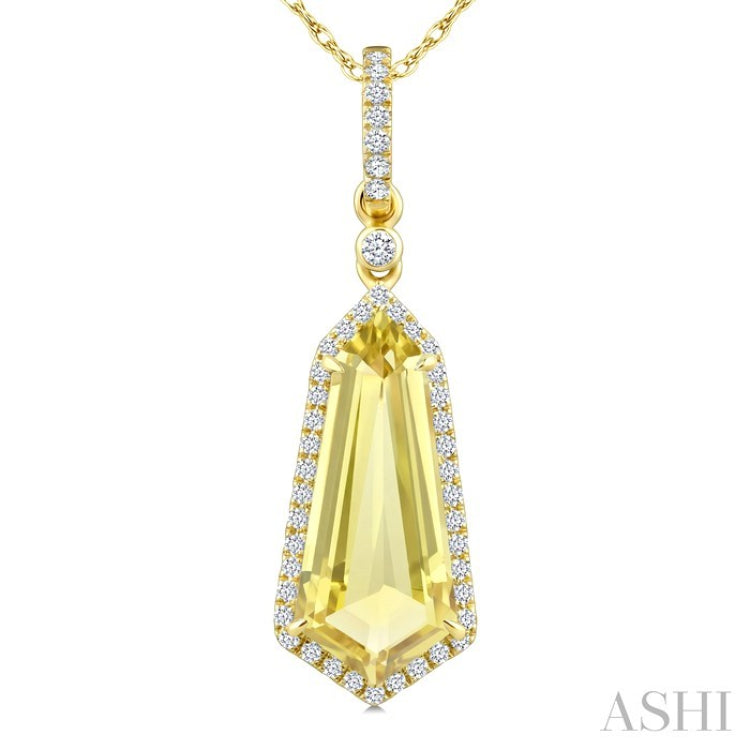 16X7 MM Shield Shape Lemon Quartz and 1/5 Ctw Round Cut Diamond Semi-Precious Pendant With Chain in 10K Yellow Gold