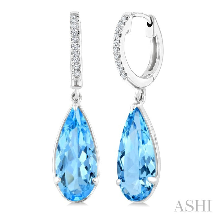 12X5 MM Pear Shape Blue Topaz and 1/10 Ctw Round Cut Diamond Semi-Precious Earrings in 10K White Gold