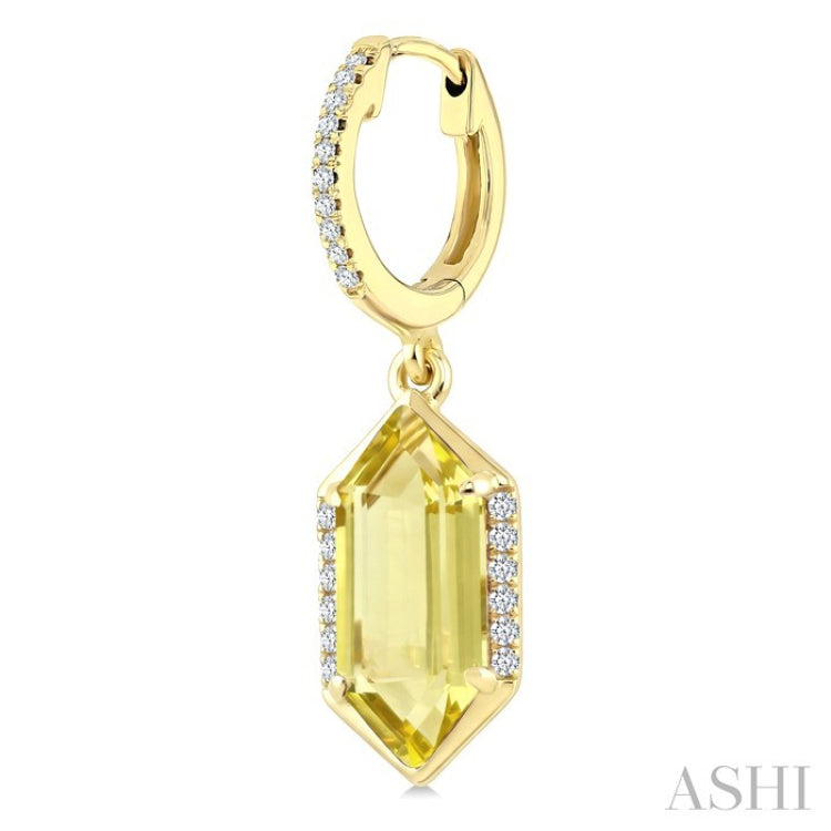 12X5 MM Hexagon Shape Lemon Quartz and 1/5 Ctw Round Cut Diamond Semi-Precious Earrings in 10K Yellow Gold