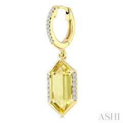 12X5 MM Hexagon Shape Lemon Quartz and 1/5 Ctw Round Cut Diamond Semi-Precious Earrings in 10K Yellow Gold