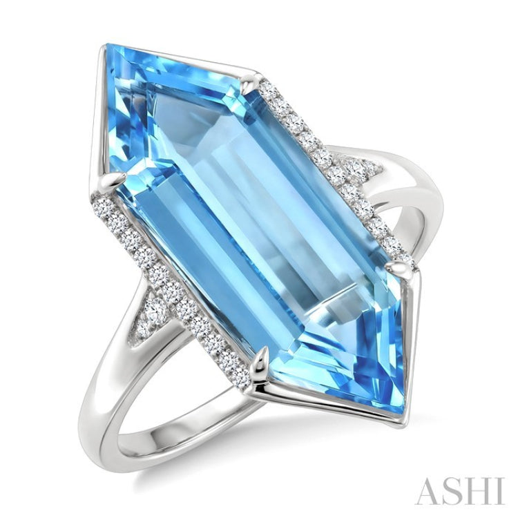22X8 MM Hexagon Shape Blue Topaz and 1/10 Ctw Round Cut Diamond Semi-Precious Ring in 14K White Gold