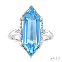 22X8 MM Hexagon Shape Blue Topaz and 1/10 Ctw Round Cut Diamond Semi-Precious Ring in 14K White Gold