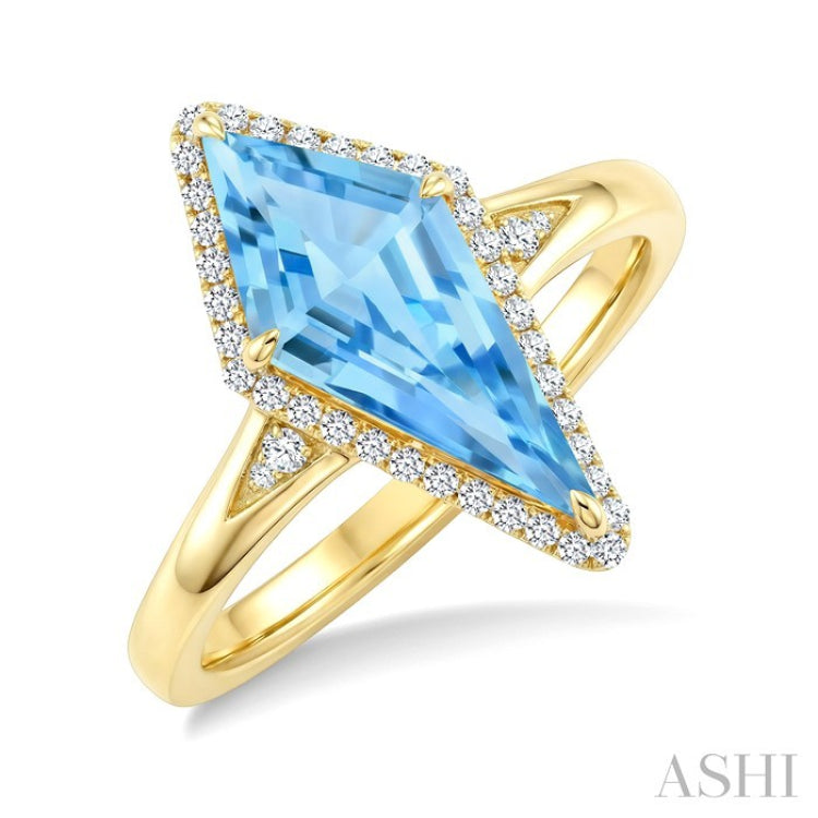 16X7 MM Kite Shape Blue Topaz and 1/6 Ctw Round Cut Diamond Semi-Precious Ring in 10K Yellow Gold