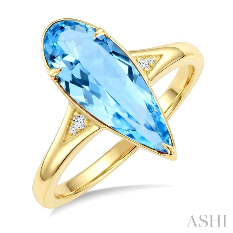 16X6 MM Pear Shape Blue Topaz and 1/50 Ctw Round Cut Diamond Semi-Precious Ring in 10K Yellow Gold