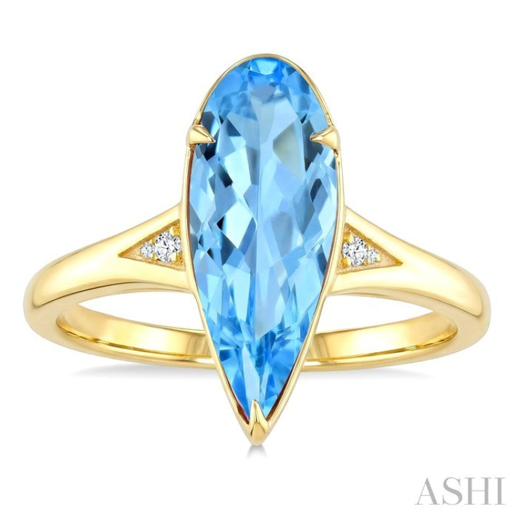 16X6 MM Pear Shape Blue Topaz and 1/50 Ctw Round Cut Diamond Semi-Precious Ring in 10K Yellow Gold