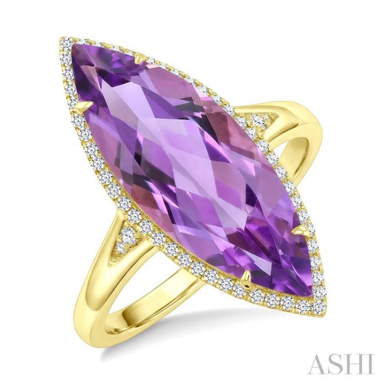 22X8 MM Marquise Shape Amethyst and 1/5 Ctw Round Cut Diamond Semi-Precious Ring in 14K Yellow Gold