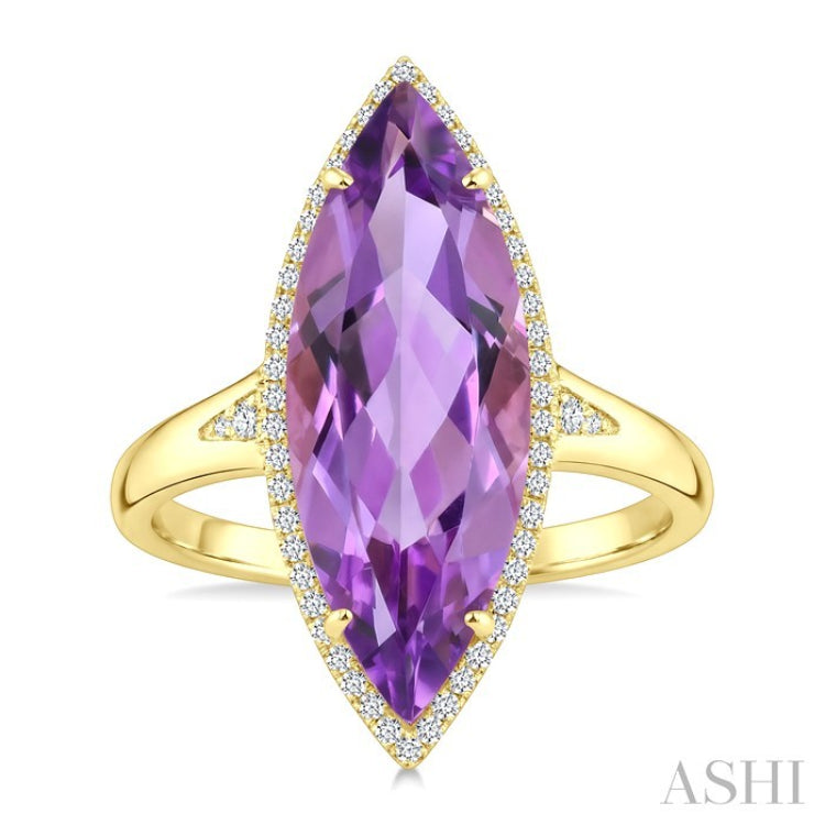 22X8 MM Marquise Shape Amethyst and 1/5 Ctw Round Cut Diamond Semi-Precious Ring in 14K Yellow Gold
