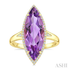22X8 MM Marquise Shape Amethyst and 1/5 Ctw Round Cut Diamond Semi-Precious Ring in 14K Yellow Gold